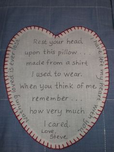 a heart - shaped piece of fabric with words written on it, in the shape of a handwritten poem