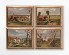 four paintings of people on horses and dogs in a wooded area with trees, bushes and other animals