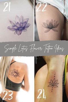 four different lotus tattoos on the back of women's shoulder and upper arm, each with