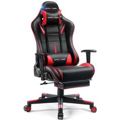 a black and red office chair with wheels on the bottom, in front of a white background