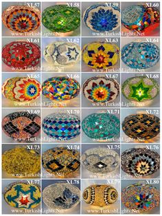 many different types of glass mosaics in various sizes and colors, all with the same pattern