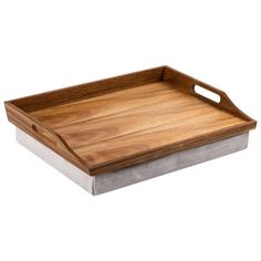 a wooden tray with metal handles