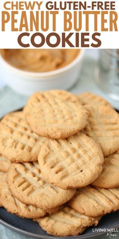 peanut butter cookies stacked on top of each other with the words, chewy gluen - free peanut butter cookies