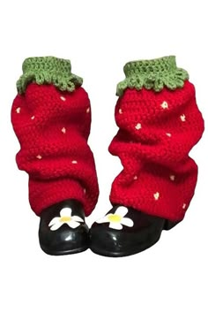 crochet strawberry leg warmers in red Strawberry Gloves Crochet, Casual One Size Warm Sweater, Casual One-size Warm Sweater, Casual Warm One-size Sweater, Winter Crochet Stretch Sweater, Crochet Stretch Sweater For Winter, Hand Knitted Casual Sweater, One Size, Casual Crochet Sweater With Stretch, Strawberry Leg Warmers