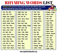 the rhying words list is shown in this graphic to help students learn how to read