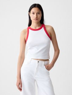 Modern Rib Cropped Halter Top Cropped Elastane Tank Top For Summer, Gap Cropped Tops For Spring, Fitted Cropped Top By Gap, Fitted Gap Crop Top For Spring, Gap Seamless Summer Tops, Gap Crop Top For Summer, Gap Cropped Crop Top For Summer, Casual Gap Crop Top For Spring, Gap Cropped Top For Summer