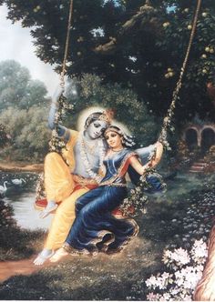 a painting of a couple sitting on a swing