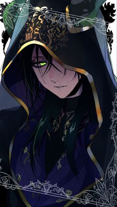 an anime character with long black hair and green eyes wearing a hoodie over her head