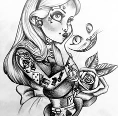 a drawing of a girl holding roses and playing cards