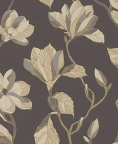 a wallpaper with flowers and leaves on a dark background, in shades of grey