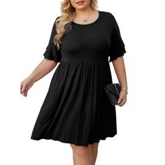 Cueply Plus Size Dress for Women Summer 2023 Double Ruffle Short Sleeve Crew Neck Loose Mini Dresses Features : Stretch, soft, loose fit, comfy, casual style, double ruffle short sleeve, round neck, above the knee length, elastic at waist, It is perfect for summer, spring and fall. Material : 95% rayon +5% spandex.the fabric is very soft and stretchy, which makes it light and ideal for summer weather but heavy enough to where you dont worry about it flying up or getting stuck somewhere. No shrin Casual Black Midi Dress With Half Sleeves, Black Non-stretch Short Sleeve Mini Dress, Black Non-stretch Mini Dress With Short Sleeves, Casual Black Half Sleeve Mini Dress, Casual Black Mini Dress With Half Sleeves, Plus Size Summer Fashion, Loose Midi Dress, Midi Party Dress, Plus Size Summer Dresses