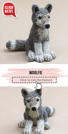 there are two pictures of the same stuffed animal that appears to be crocheted