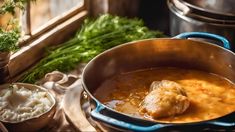 a pot filled with meat and gravy on top of a table