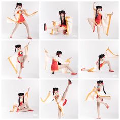 the woman is posing in various poses with her legs spread out