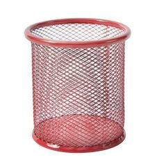 a red metal trash can on a white background