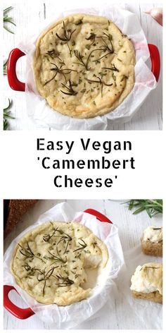 an easy vegan'camembert cheese pie is shown in two separate images