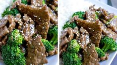 beef and broccoli on rice with sesame seeds