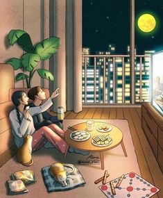 two people sitting on a couch in front of a window at night eating and drinking