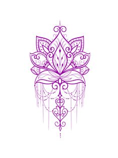 a drawing of a purple flower with intricate designs on the petals and leaves, as well as