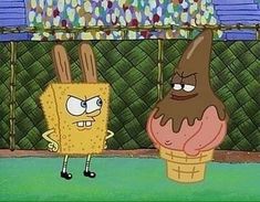 an ice cream cone with two cartoon characters standing next to each other in front of a fence