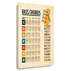 a wooden wall calendar with the words bass chords on it and an image of a guitar