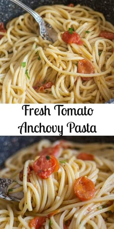 fresh tomato anchovy pasta in a skillet with two pictures showing the same dish