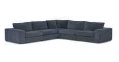 a blue sectional couch with two recliners on the back and one end facing it