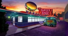 an animated image of a burger and a van parked in front of a diner at night