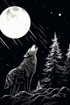 a wolf standing on top of a snow covered hillside under a full moon and stars