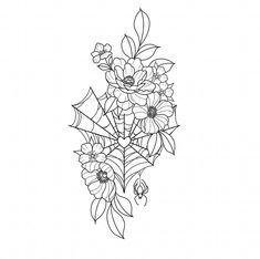 a bouquet of flowers with leaves and spider webs on the bottom, in black and white