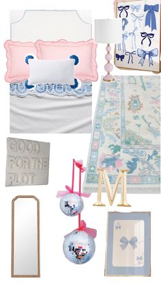 a collage of various items including lamps, pillows and rugs in pastel colors