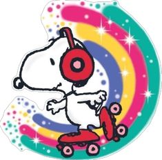 a cartoon character riding a skateboard with headphones on and rainbow swirls in the background