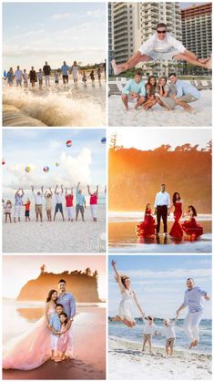 multiple pictures of people on the beach and in the water