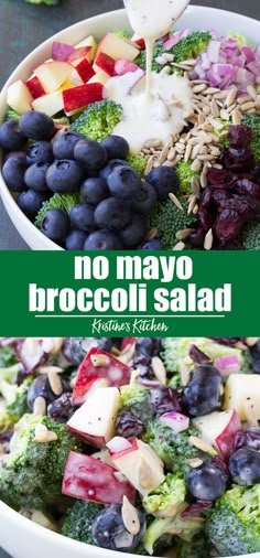 broccoli salad with blueberries, apples and other vegetables in a white bowl