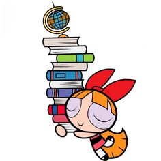 the powerpuff girl cartoon is leaning on a stack of books with her eyes closed