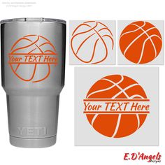 an orange and silver tumbler cup with basketballs on it