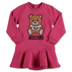 Designers Moschino Teddy Bear Fuchsia Cotton Sweatshirt Dress Girls Sweatshirt Dress, Teddy Bear Pink, Bear Pink, Designer Baby Clothes, Designer Baby