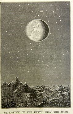 an illustration of the moon in the sky with mountains and stars around it, as well as