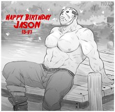 a drawing of a man sitting on a dock with the caption happy birthday jason