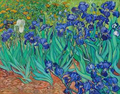 a painting of blue irises in a field with yellow and white flowers behind them