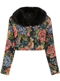 black/multicolour recycled polyester all-over floral print faux-fur collar long sleeves concealed front fastening cropped We've partnered with Good On You — an independent agency that rates how brands perform in relation to their impact on the planet, people and animals, with a multi-criteria rating simplified to a five points scale. In order to be awarded our conscious label, larger brands need to score a minimum of four out of five ('Good'), while smaller brands must score at least three out of five ('It's A Start'). This item comes from a brand rated three out of five ('It's A Start') by Good on You. Please note, this is a brand-level rating and does not guarantee that this product is made with conscious materials. Learn more about what makes a product Conscious on our Conscious Criteri Tapestry Jacket, Structured Shoulder, The Monarch, Belted Cardigan, Floral Tapestry, Floral Artwork, Faux Fur Collar, Swimwear Sale, Cropped Jacket