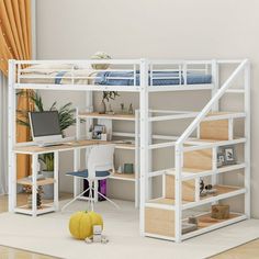 a loft bed with stairs and desk underneath