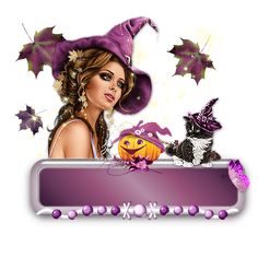 a woman wearing a witches hat and holding a pumpkin in front of a purple banner