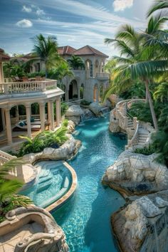 an outdoor pool surrounded by palm trees and water features a slide that leads to the upper level