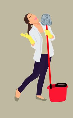 a woman is cleaning the floor with a mop and duster in her hand