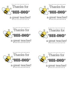 four thank cards with the words thanks for a great teacher and two bees on them