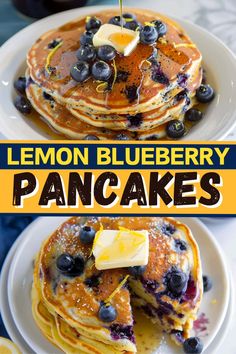 lemon blueberry pancakes with butter and syrup