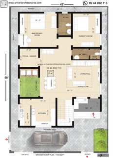 a floor plan for a house with three bedroom and an attached garage area in the middle