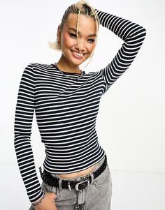 Tops by Cotton:On Your new go-to Stripe design Crew neck Long sleeves Regular fit Striped Long Sleeve Cotton Top, Striped Crop Top Long Sleeve, 90s Striped Long Sleeve Tops, Playful Striped Long Sleeve Top, Black And White Striped Long Sleeve, White Long Sleeve T-shirt With Contrast Stripes, Ribbed Long Sleeve Top, Striped Long Sleeve Shirt, Cotton On