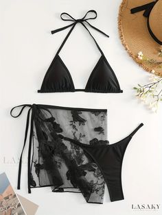 Lasaky - Womens Butterfly Embroidery Halter Tie Back Bikini Set with V Neck Cover Up, Stretchy V String 3 Piece Swimsuit - Sexy, Elegant Swimwear & Clothing Fitted Black Beachwear Sets, Fitted Black Beach Set, Fitted Black Sets For Beach Season, Black Beachwear Sets For Beach, Black Beachwear Sets For The Beach, Black Summer Sets For Pool, Black Summer Sets For Pool Days, Black Summer Pool Sets, Black Pool Sets For Summer